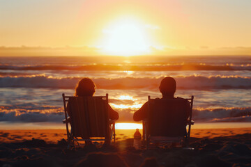 Fototapeta na wymiar Two people relaxing in beach chairs watching sunset over Ocean Horizon. Retirement, Getaway, Travel and relax on vacation.