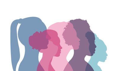 Silhouettes of women of different nationalities standing side by side.Vector illustration.