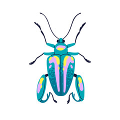 Colorful beetle. Spotted bright bug icon, top view. Fauna species, multicolored wings, antenna. Summer animal, wild spotty insect. Flat graphic vector illustration isolated on white background - 750424163