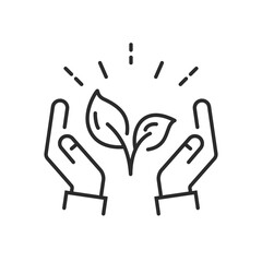 Save Nature icon. Hand with leaf. Flat stroke vector icon. 