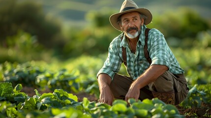 Contemplative Farmer Admiring Crops: A Poignant Image. Concept Farm, Agriculture, Contemplation, Crops, Portrait