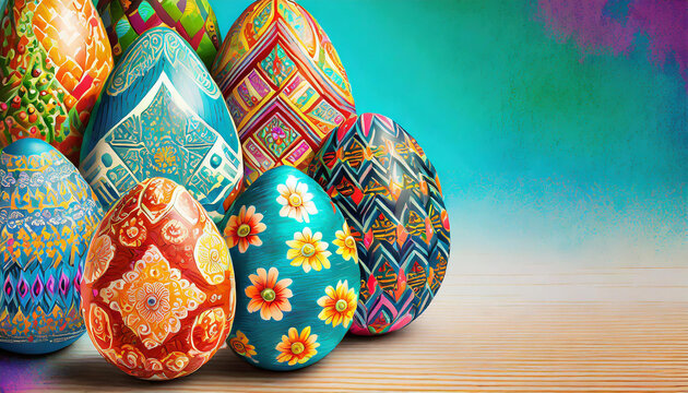 Wooden colorful cartoon easter eggs in different colors and ethnic patterns. eggs on the left side of the picture. 1/3 of the left frame is left blank for text