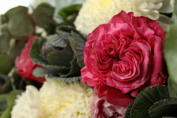 Bouquet of fresh flowers, close-up, side view.