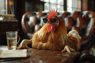 Deurstickers A chicken who is the director is sitting at the luxurious director's table © Syukra