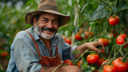 Latin farmer happily picking ripe tomatoes in lush field enjoying harvest. Concept agriculture, harvesting, farming, tomatoes, latin farmer, happiness, outdoors, harvest season, crops, field - obrazy, fototapety, plakaty