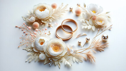 Two golden wedding rings and floral elements are on a pure white background.