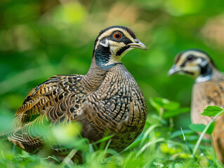 Obraz premium Two quails attentively explore green surrounings.