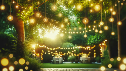 outdoor party scene at dusk with string lights crisscrossing above a backyard - obrazy, fototapety, plakaty