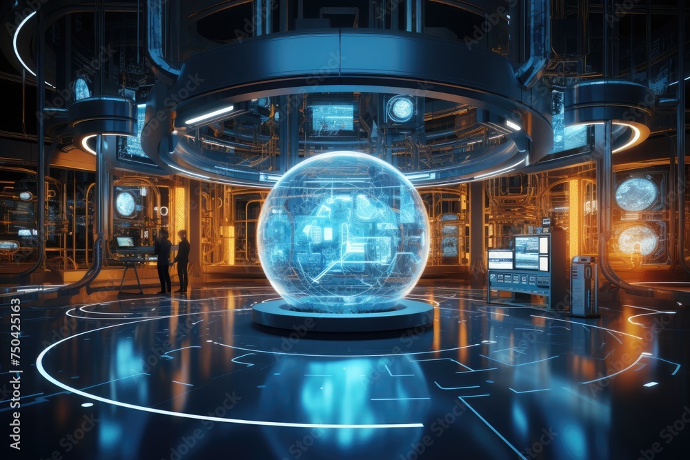Poster quantum computing laboratory with intricate machinery and futuristic user interfaces. ai generated