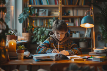 a 10 year old child is studying at the study table in the room - obrazy, fototapety, plakaty