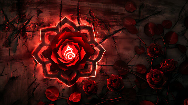 Red Muladhara, root chakra symbol pattern with red flowers with copyspace.