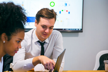 business team meeting with stats and review graphs of company target, goals or market research with data analysis. Above, table or paperwork report of growth, progress or startup performance analytics