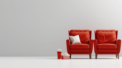 Elegantly designed cinema room with red velvet seats and refreshment accents - obrazy, fototapety, plakaty