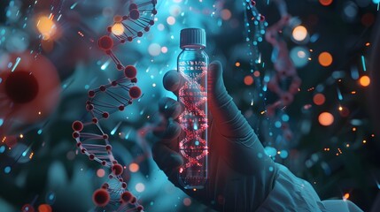 Hand Holding Glowing DNA Bottle in Hybrid Style - obrazy, fototapety, plakaty