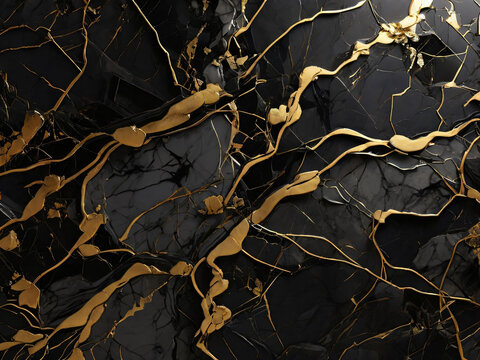 abstract black marble background with golden veins, japanese kintsugi technique, fake painted artificial stone texture, marbled surface, digital marbling illustration
