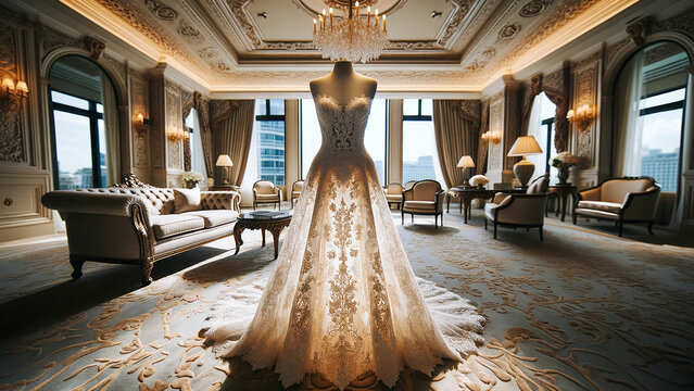 wedding dress is showcased within the lavish interior of a prestigious hotel
