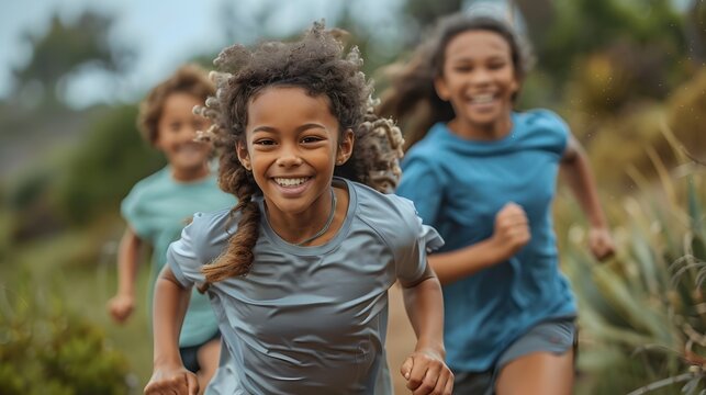 Happy Children Running on a Hilly Trail in the Style of Happycore