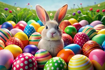 Fototapeta na wymiar easter bunny with colorful easter eggs. Easter egg hunt concept
