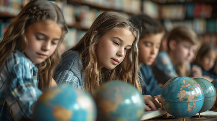 A group of 13 year old children are studying in the library, using globes