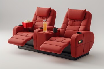 Elegant moviegoing experience with elegant red theater seats and accessories