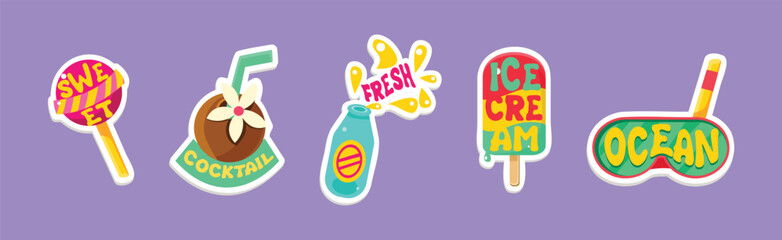 Bright Summer Sticker with Cocktail, Candy, Ice Cream and Goggles Vector Set