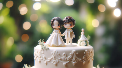 A beautifully decorated wedding cake topped with cute figures of two charming women in dresses