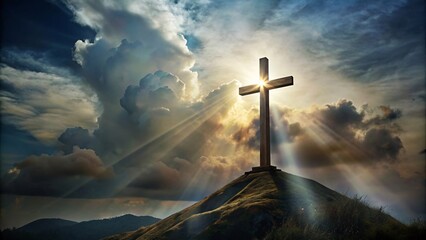  christian cross on the mountain with sun light - obrazy, fototapety, plakaty