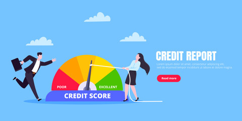Man and woman push credit score arrow gauge speedometer indicator with color levels. Measurement from poor to excellent rating for credit or mortgage loans concept flat style vector illustration.