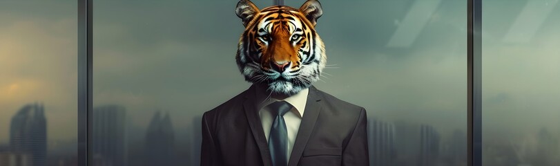 A tiger in black suit going to work in the town portrait photography. - obrazy, fototapety, plakaty