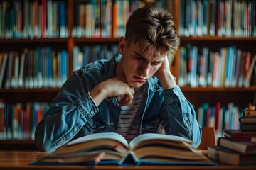 University Student Deep in Study with Strong Emotional Impact in Library - obrazy, fototapety, plakaty