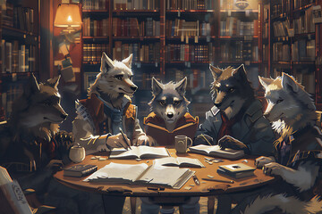 A pack of wolves was discussing at a round table, in a well-stocked library