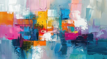 Colorful abstract painting with patchwork of blues, pinks, and yellows. - obrazy, fototapety, plakaty