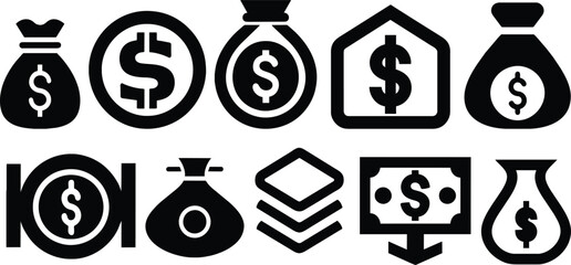 Set of vector dollar logo silhouettes in black color.
