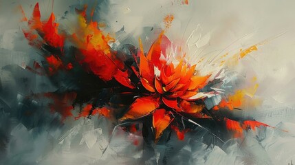 Explosive abstract floral painting with bold red and orange tones.