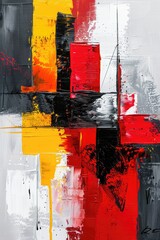 Abstract painting with bold red, yellow, and black geometric shapes.