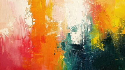 Vibrant abstract painting with sweeps of orange, yellow, and green. - obrazy, fototapety, plakaty