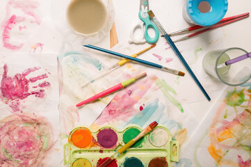 Set of various art supplies on table