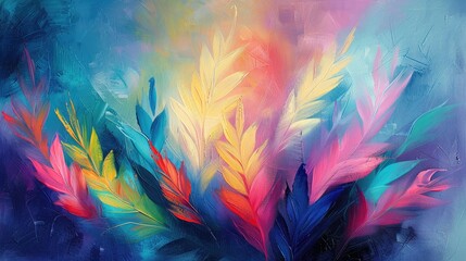 Vibrant abstract painting with colorful feather-like strokes