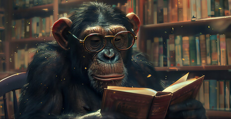 A gorilla wearing glasses is selecting books in a spacious, futuristic library