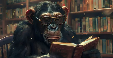 Foto op Plexiglas A gorilla wearing glasses is selecting books in a spacious, futuristic library © Syukra