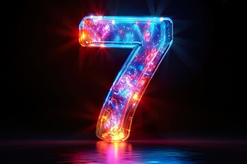 Number 7 - colorful glowing outline alphabet symbol on blue lens isolated white background - obrazy, fototapety, plakaty