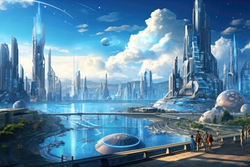 Futuristic cityscape with lush greenery and advanced architecture, depicting urban development visionar city with advanced technology, featuring skyscrapers, flying vehicles, and holographic displays. - obrazy, fototapety, plakaty