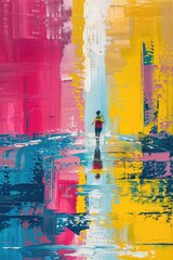 Vivid abstract painting of a solitary figure reflected on a wet surface amidst colorful strokes.