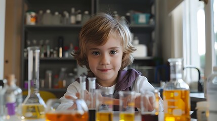 Young Boy Preparing Chemical Experiment in Kitchen