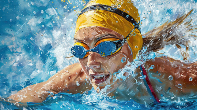 A dynamic painting of a female swimmer in action, water splashing around as she moves swiftly.