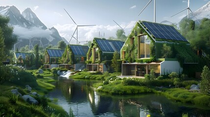Green Architecture Concept Renewable Energy Villas in Photorealistic Cityscapes - obrazy, fototapety, plakaty