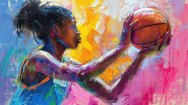 Colorful painting of a female basketball player holding a ball.