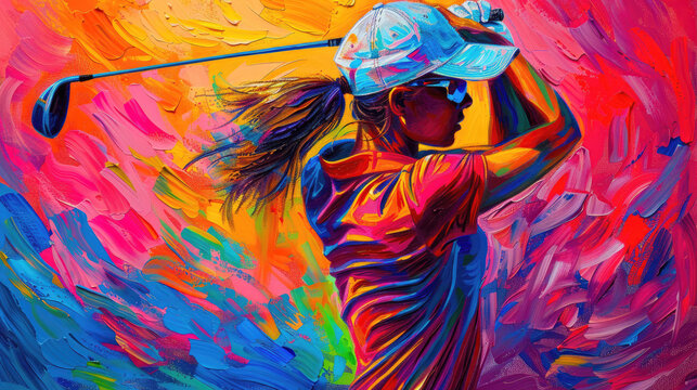 Colorful painting of a female golfer in mid-swing.