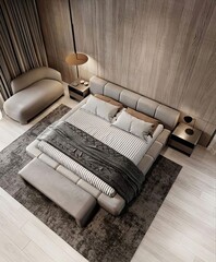 Aerial view of a bedroom with a large bed and a couch