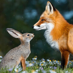Fototapeta premium Fox and rabbit at night